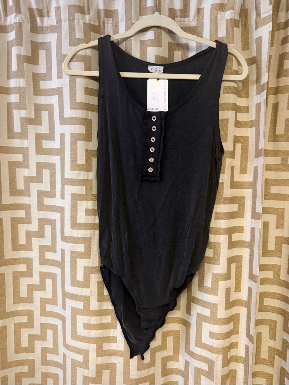 POL Black Sleeveless Henley Bodysuit with Button Placket